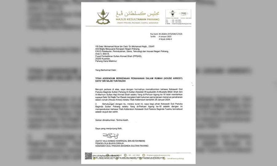 Surat Istana Pahang sahkan kewujudan titah adendum Najib diserah ke mahkamah